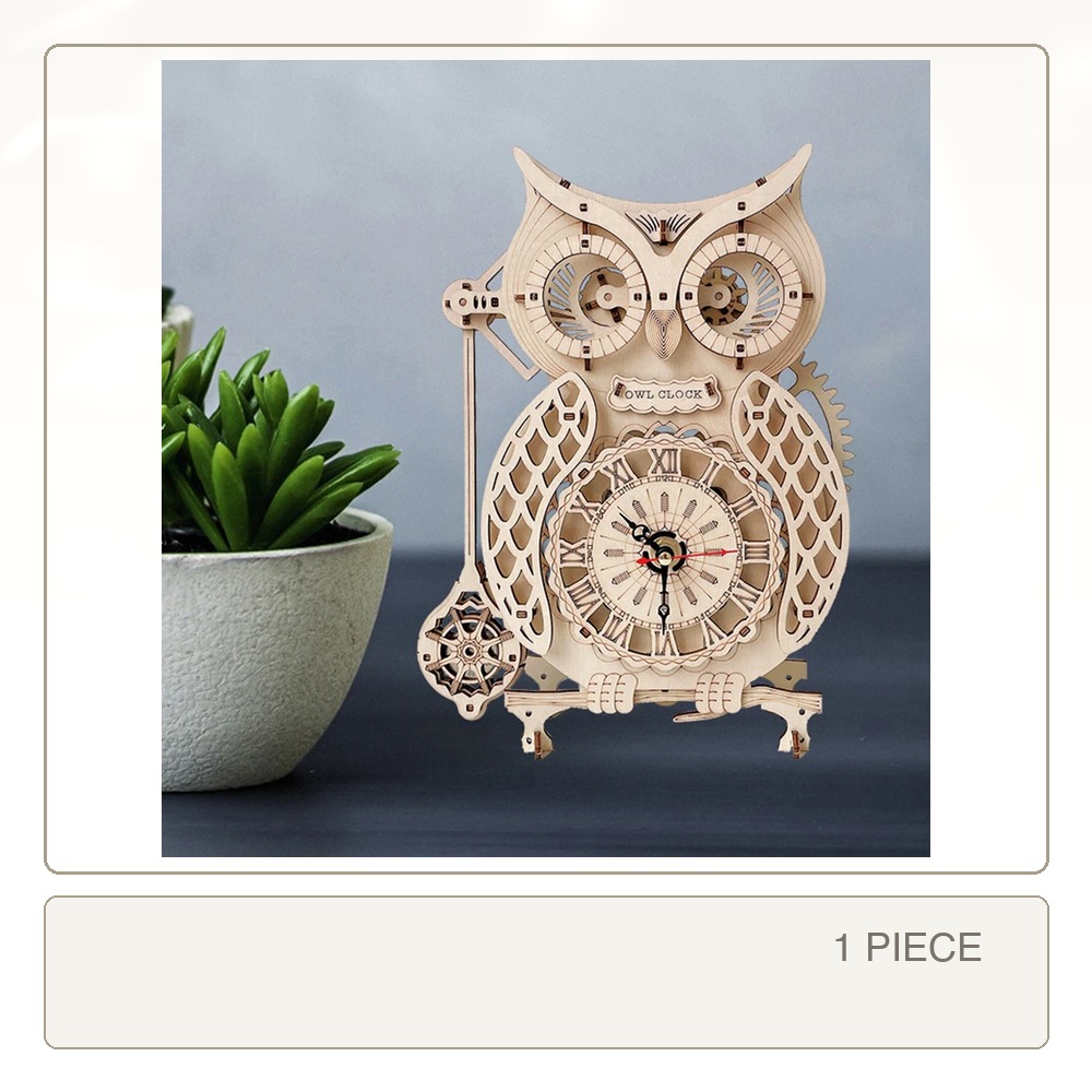 Wooden Clock Puzzle Mechanical Pendulum - Drewniany zegar 3D w kształcie sowy,