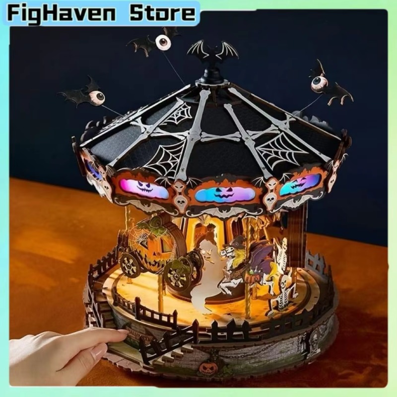 Music Box Wooden 3D Puzzle Rotating - Halloweenowa karuzela 3D DIY drewniana układanka